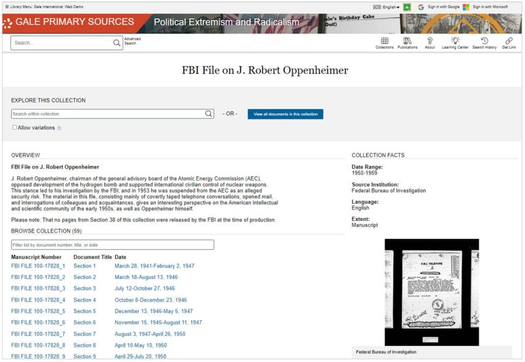 A screenshot of the ‘FBI File on J. Robert Oppenheimer’ collection included in Gale’s Political Extremism and Radicalism archive.