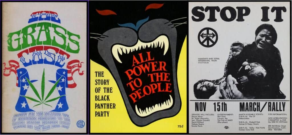 Cover images from three counterculture publications on efforts to legalise marijuana, stories of the Black Panther Party, and a rally against the war in Vietnam.