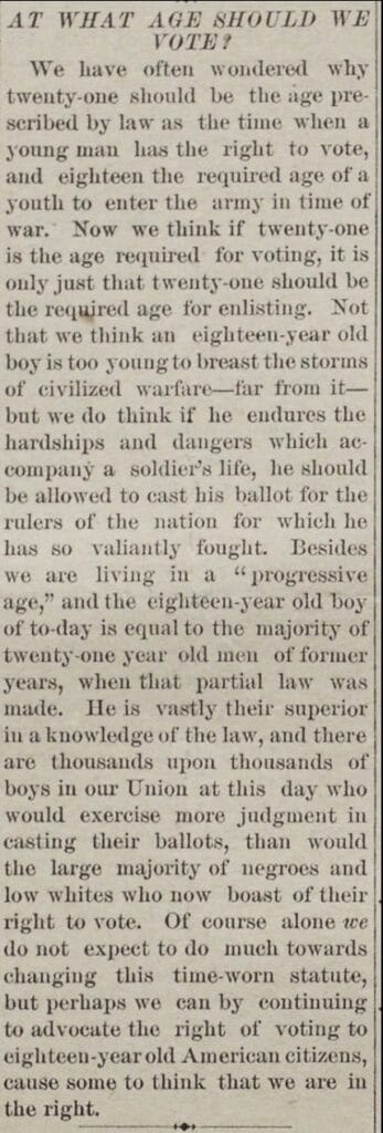 "At What Age Should We Vote?" North Carolina Amateur, 20 Mar. 1878. Amateur Newspapers from the American Antiquarian Society