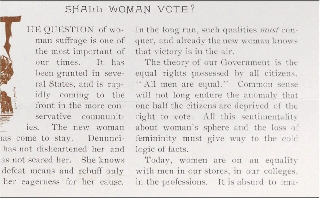 Mccarthy, D. J. "Shall Woman Vote?" Ocean Waves, Mar. 1895, pp. [17]+. Amateur Newspapers from the American Antiquarian Society