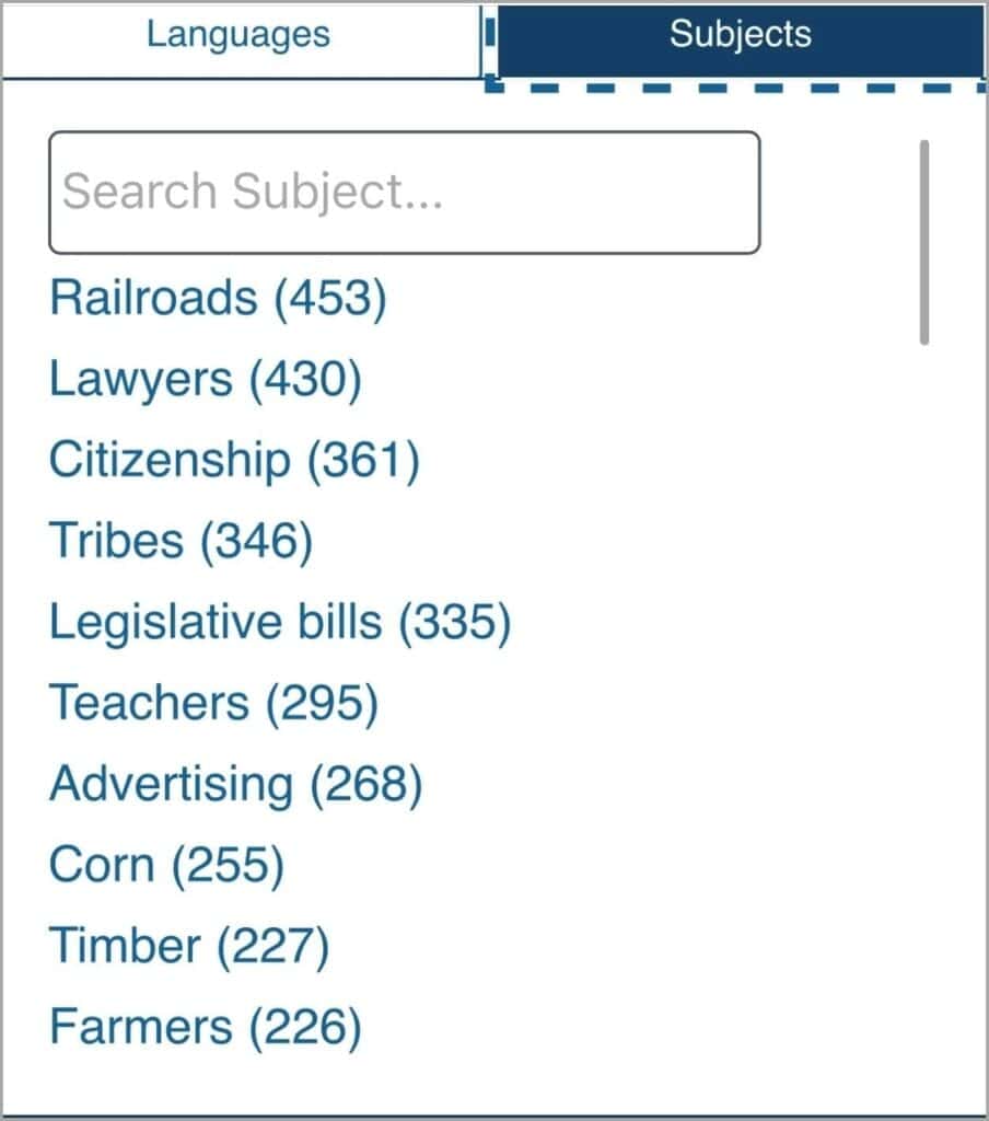Screenshot of topic frequency in the Cherokee Advocate and the Cherokee Phoenix
