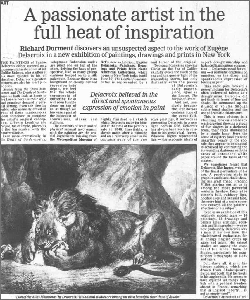 Dorment, Richard. "A passionate artist in the full heat of inspiration." Daily Telegraph, 10 Apr. 1991, p. 17. 