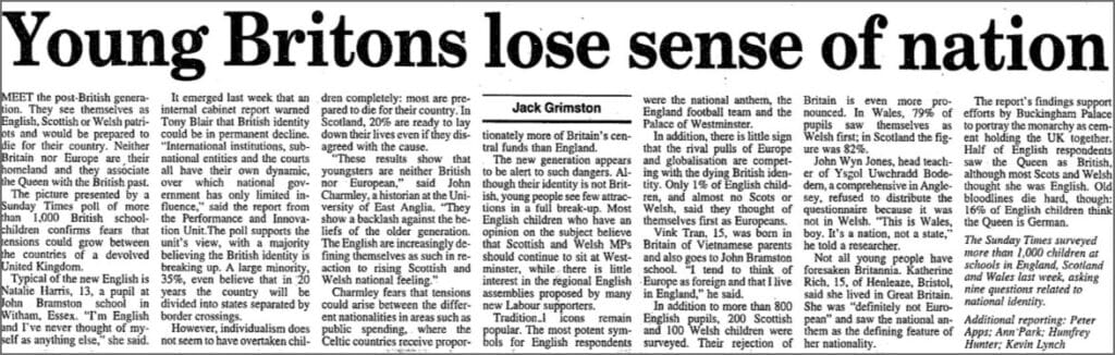 Grimston, Jack. “Young Britons lose sense of nation.” Sunday Times, 19 Mar. 2000, p. 8. The Sunday Times Historical Archive. 