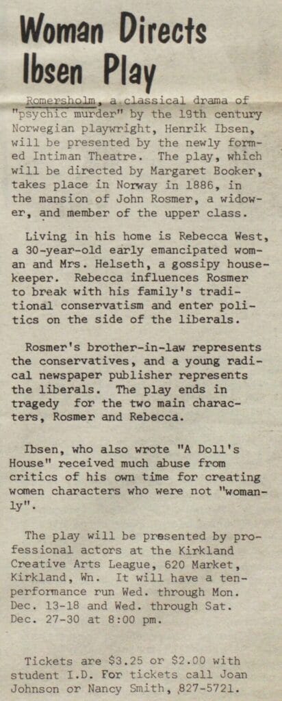 "Woman Directs Ibsen Play." Pandora, vol. 3, no. 5, 12 Dec. 1972, p. 5. 