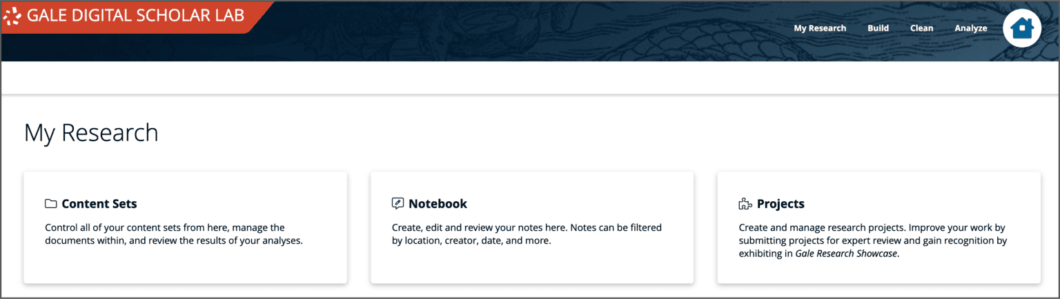 "My Research" area showing boxes for Content Sets, Notebook, and Projects