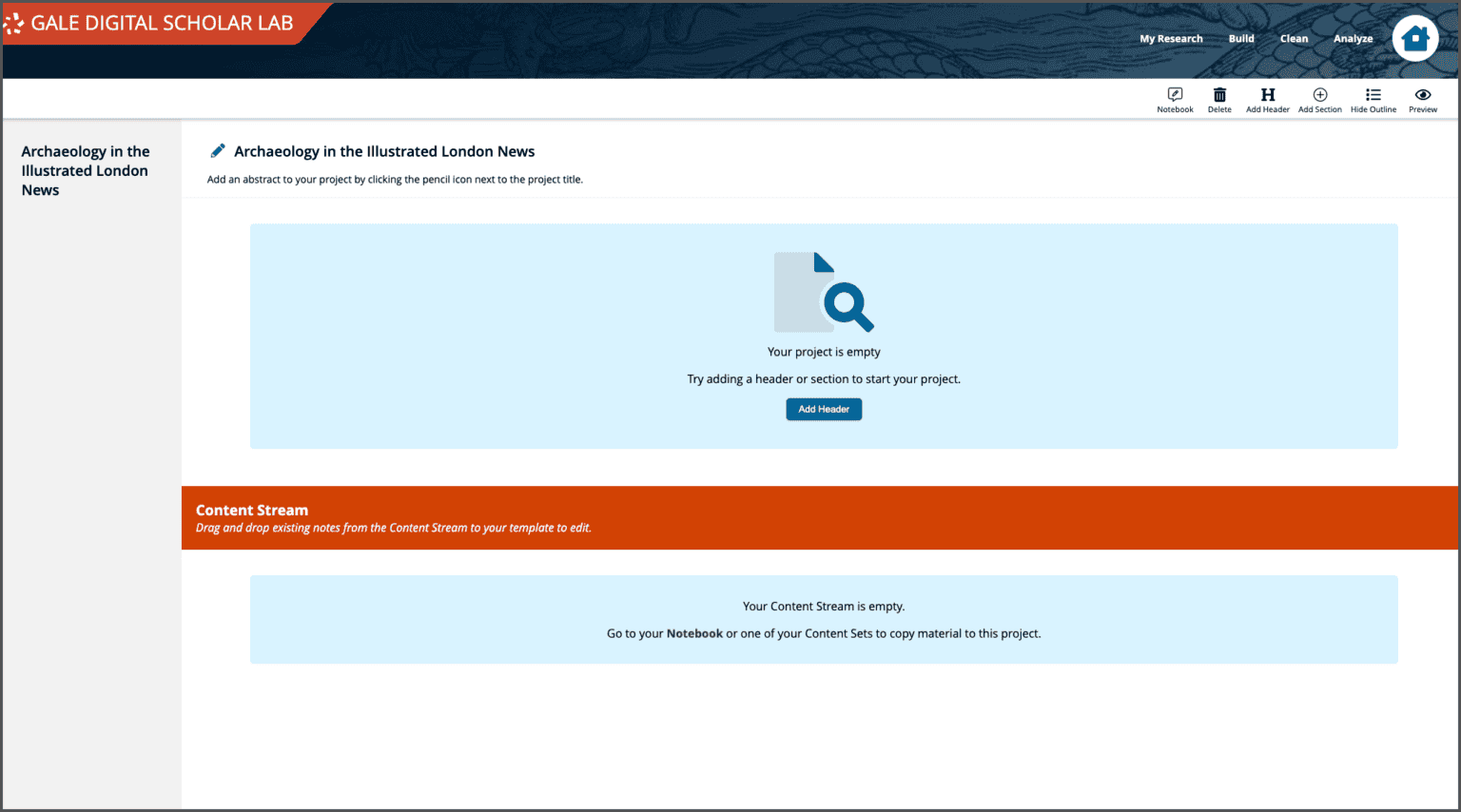 Getting started in the Project workflow. Header with no content. The orange "Content Stream" bar divides across the page.