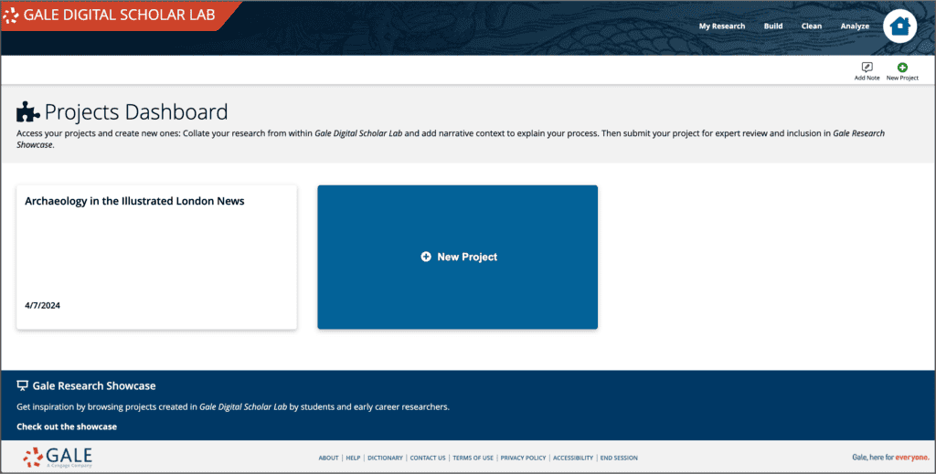 Image of projects dashboard in Gale Digital Scholar Lab
