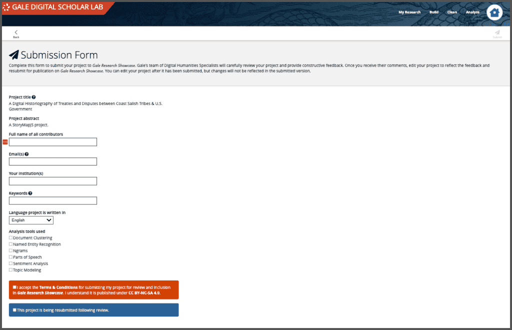 Screenshot of project submission form for Gale Research Showcase