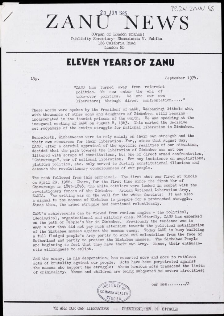 ZANU News: Organ of London Branch
