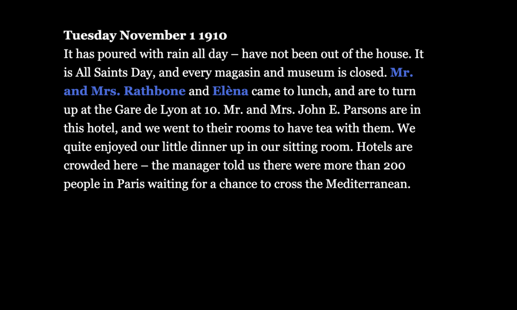 Diary entry for November 1, 1910 represented in Twine with hypertext links to biographical data