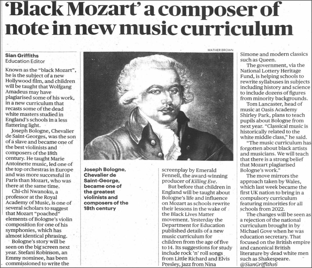 Griffiths, Sian, editor. "Black Mozart' a Composer of Note in New Music Curriculum." Sunday Times, 28 Mar. 2021, p. 7. 