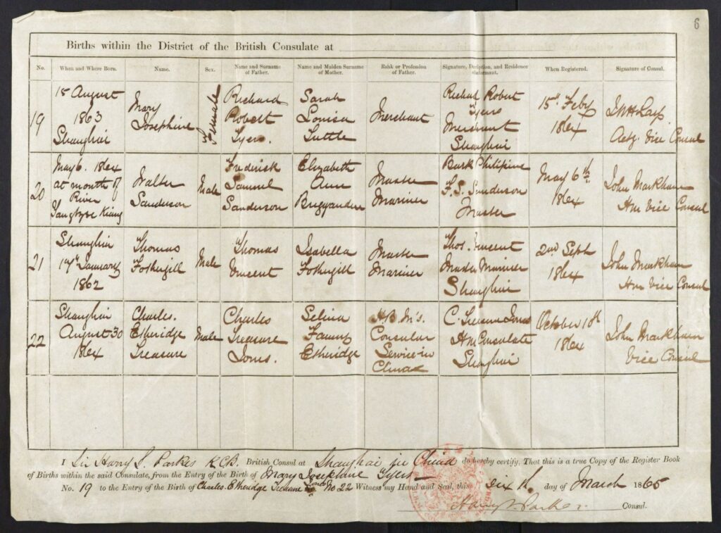 Register of Births. January 12, 1856-August 30, 1864. MS FO 672 Foreign Office