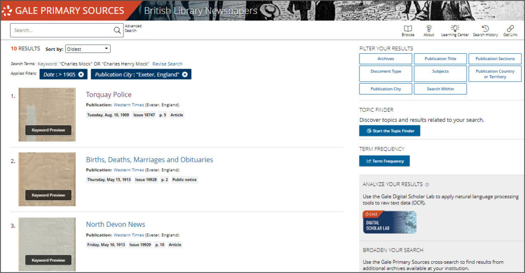 Screenshot of search results page in British Library Newspapers after searching “Charles Mock” OR “Charles Henry Mock” with date and publication city limiters selected.