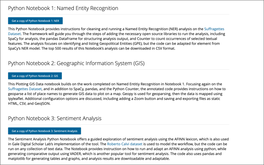 Screenshot of list of Python Notebooks in Gale Digital Scholar Lab