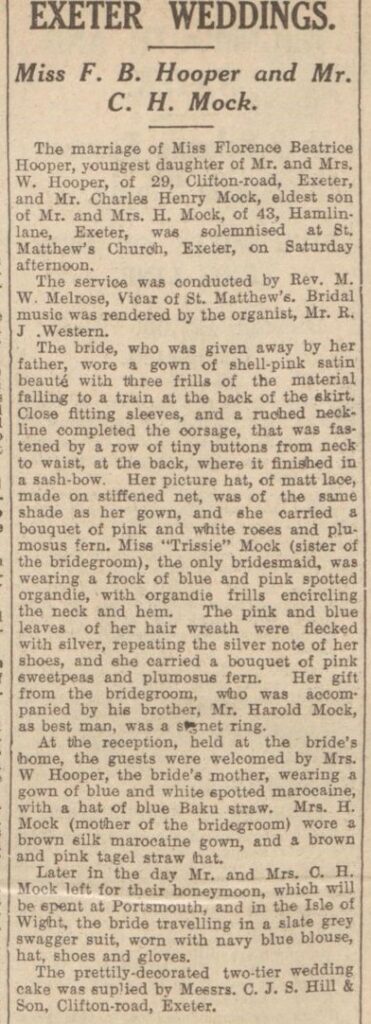 "Exeter Weddings." Exeter and Plymouth Gazette, 10 July 1936, p. 7. 