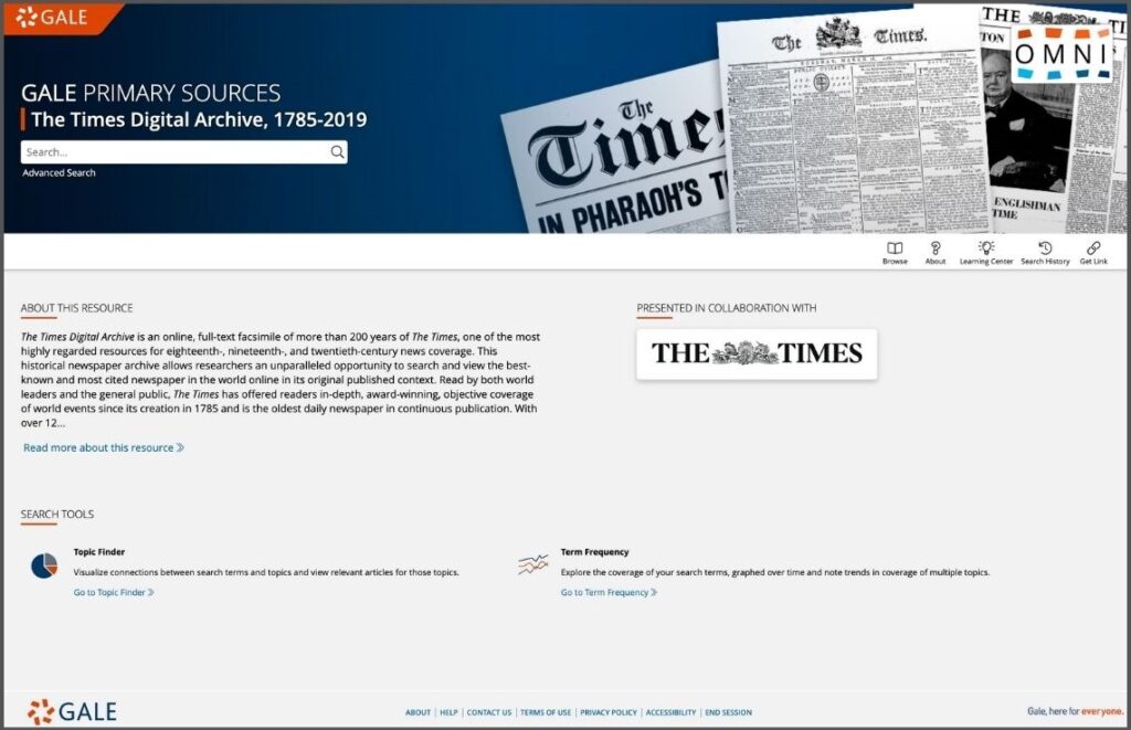 GPS The Times Digital Archive, 1785-2019 homepage