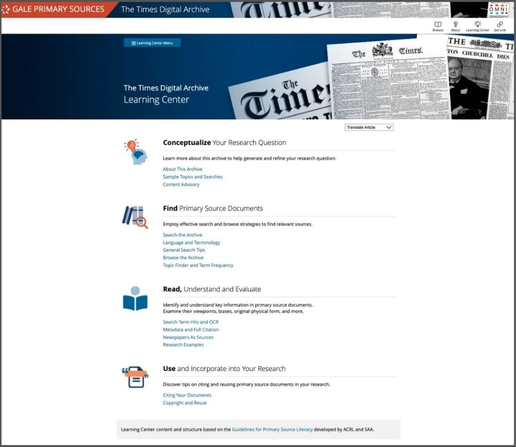 Screenshot of The Times Digital Archive Learning Center