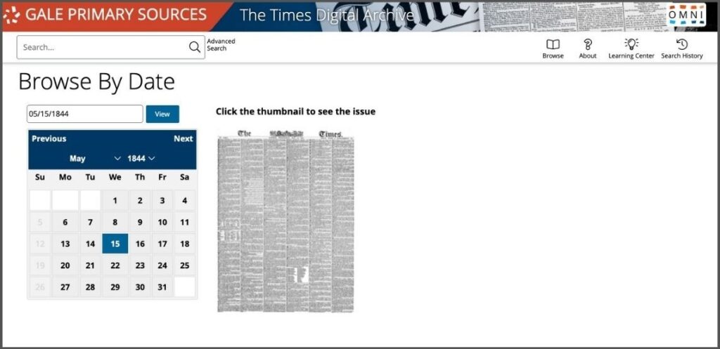 Screenshot of the Browse by date function in The Times Digital Archive