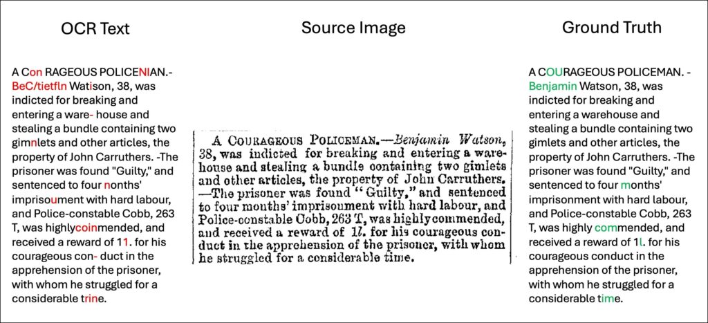 A sample from BLN600 with OCR text, source image and ground truth, using “A COURAGEOUS POLICEMAN.”, Lloyd’s Illustrated Newspaper, 20 June 1880. British Library Newspapers