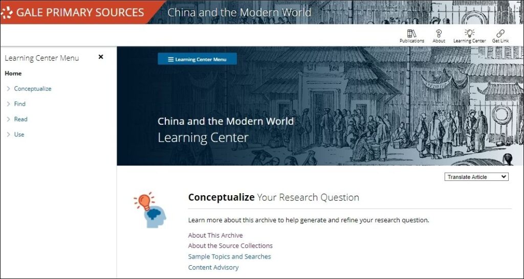 Screenshot of China and the Modern World Learning Center homepage 