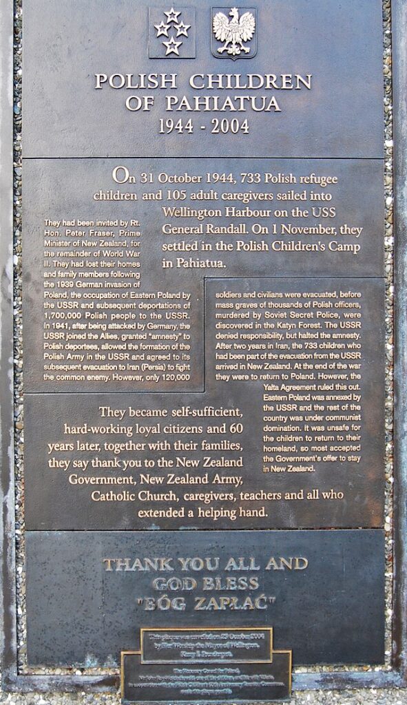 A memorial plaque of the Polish children of Pahiatua in Wellington, New Zealand.