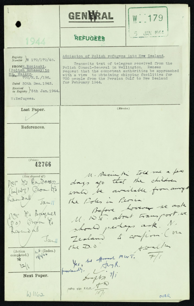 Image of Admission of Polish Refugees into New Zealand. Code 48 File 179. 1944.