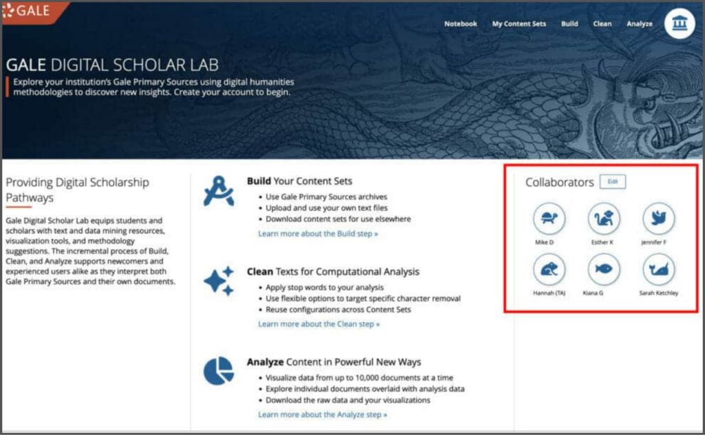 Gale Digital Scholar Lab interface, with the Groups feature and collaborators shown on the right-hand side.