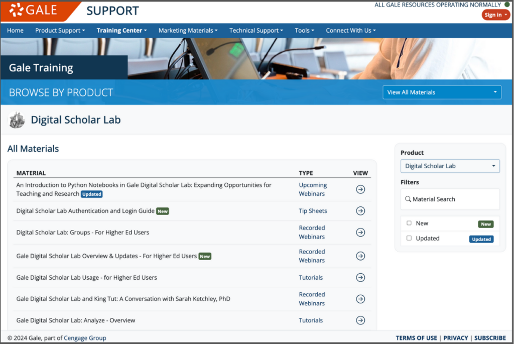 A catalogue of training webinars for Gale Digital Scholar Lab