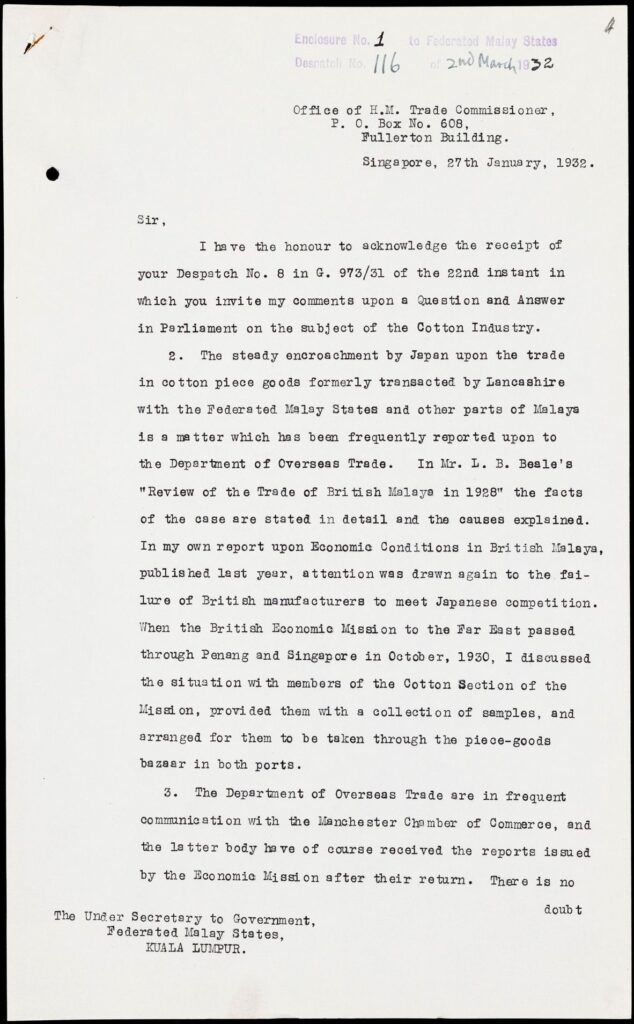 Letter on the Trade between Malaya and the UK. 1931-1932. 