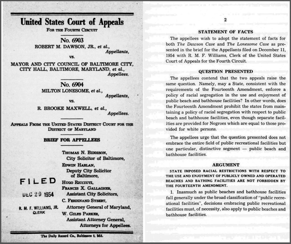 Biddison, Thomas N., et al. Dawson v. Mayor and City Council of Baltimore City, 220 F.2d 386 (1955). Appellee's brief. 29 Dec. 1954. 