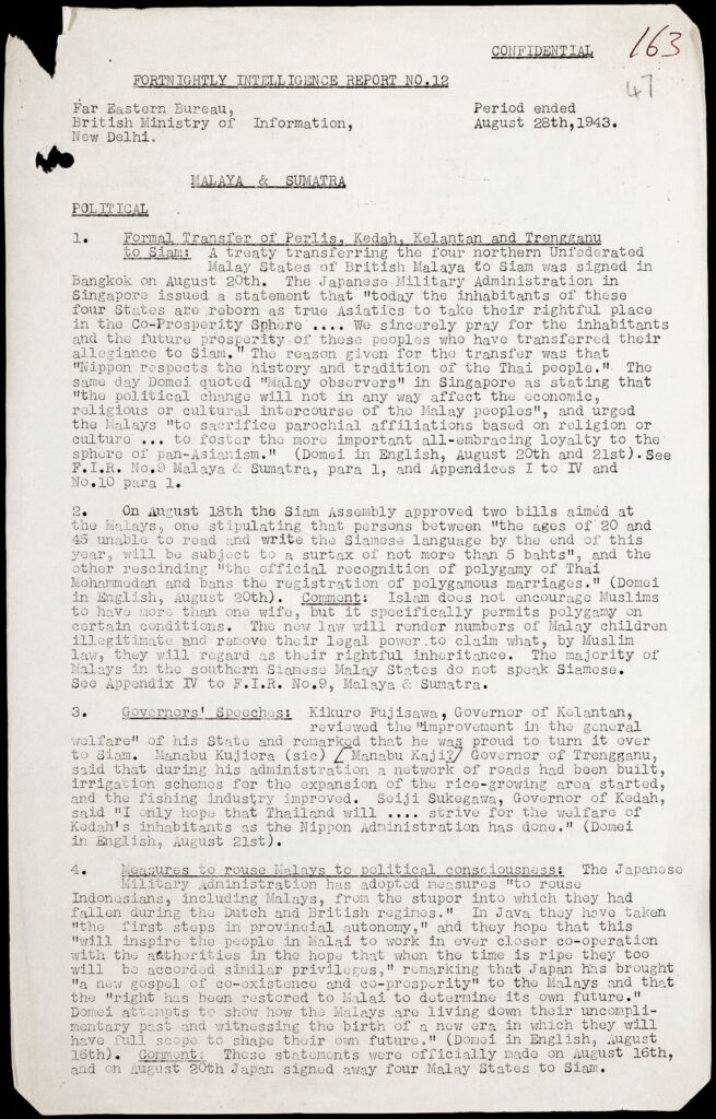 Report on the War with Japan: conditions in enemy-occupied Malayan territory. 1942-1943. 