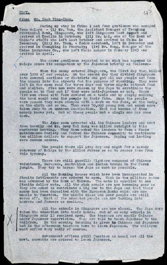 Report on the War with Japan: conditions in enemy-occupied Malayan territory. 