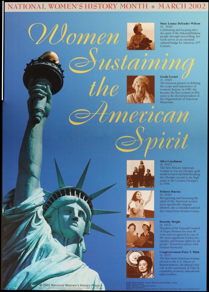 Document image of : 'Women Sustaining the American Spirit' Poster Celebrating National Women's History Month in 2002. 