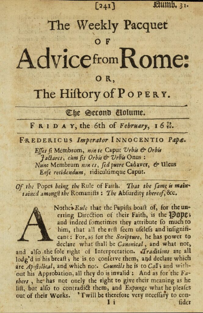 "Weekly Pacquet of Advice from Rome (Volumes 1 and 2) Friday, 6th February, 1680 Vol. 2 Issue 31.