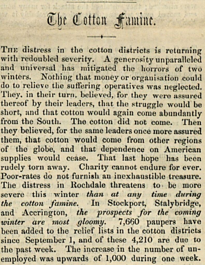 Article titled "The Cotton Famine." The Index. A Weekly Journal of Politics, Literature, and News. 