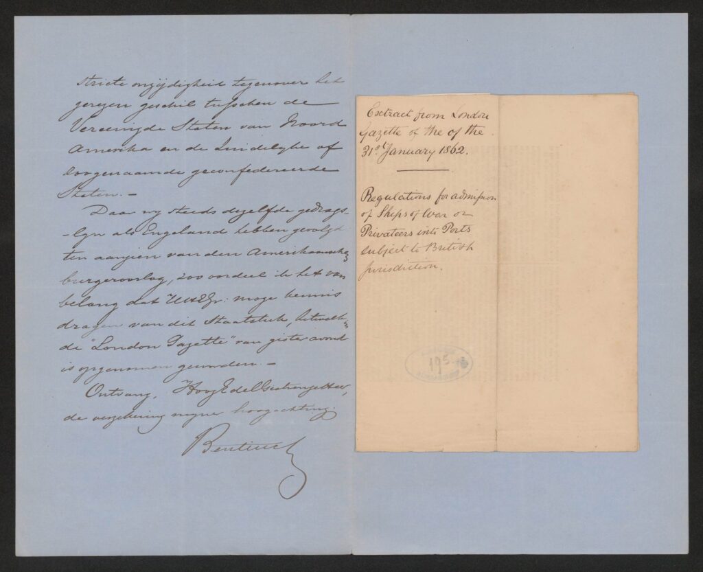 Correspondence from Incoming and minutes of outgoing letters regarding our enforcement neutrality during the Civil War in the United States. 