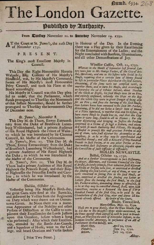 "London Gazette Tuesday-Saturday, November 10-14, 1730 Issue 6934." London Gazette, November 10-14, 1730.