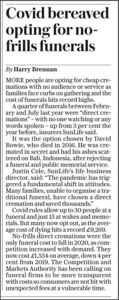 "Covid Bereaved Opting for No-Frills Funerals." Daily Telegraph, January 14, 2021