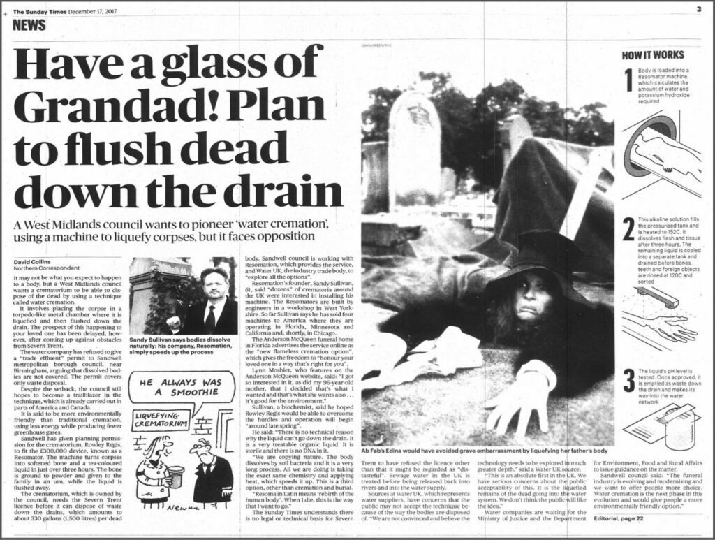 "Have a Glass of Grandad! Plan to Flush Dead down the Drain." Sunday Times, December 17, 2017