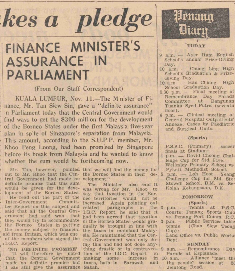 "Finance Minister's Assurance in Parliament." Times of Malaya and Straits Echo, 12 Nov. 1965