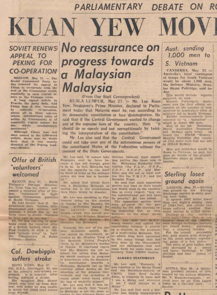 "Kuan Yew Moves Amendment." Times of Malaya and The Straits Echo, 28 May 1965