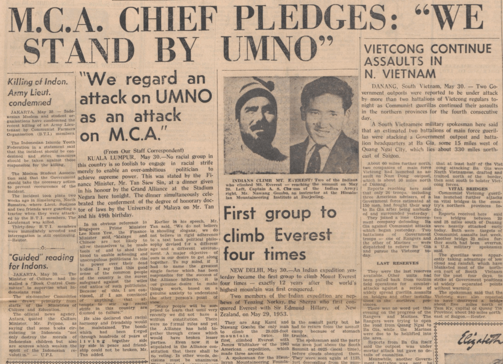"M.C.A. Chief Pledges: 'We Stand by UMNO'." Times of Malaya and The Straits Echo, 31 May 1965