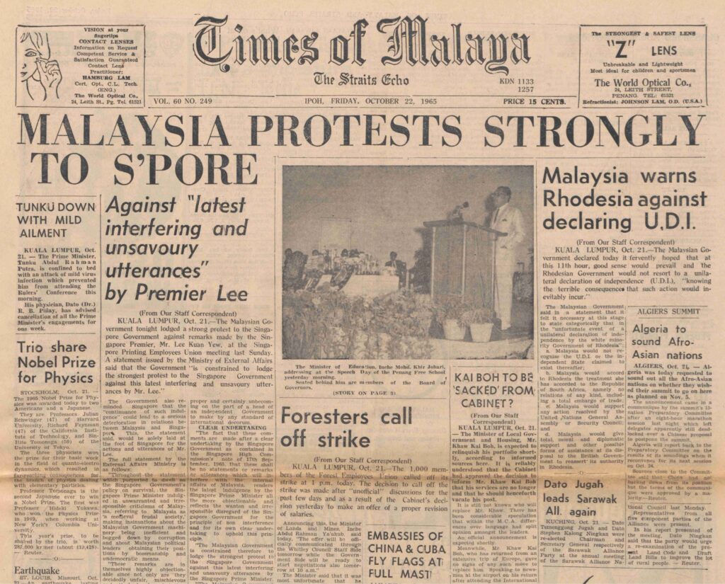 Reuter. "Malaysia Protests Strongly to S'pore." Times of Malaya and Commercial Advertiser of the Federated Malay States and Straits Settlement, 22 Oct. 1965