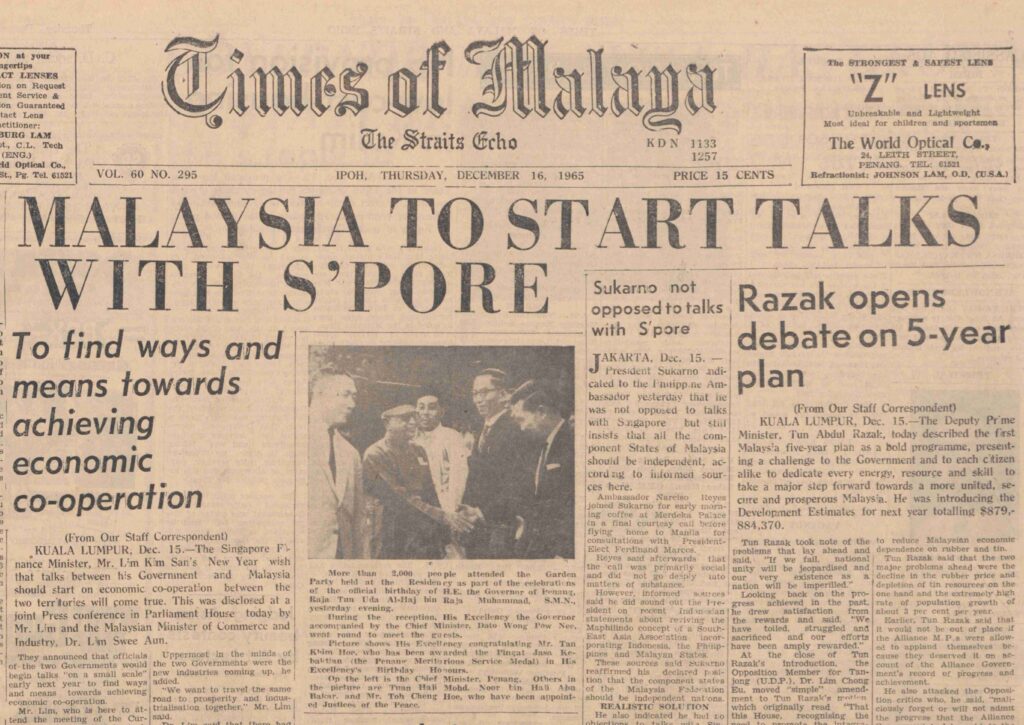 "Malaysia to Start Talks with S'pore." Times of Malaya and The Straits Echo, 16 Dec. 1965