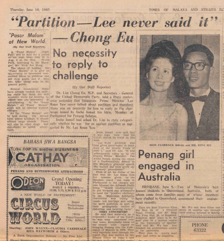 "'Partition—Lee Never Said It'—Chong Eu." Times of Malaya and The Straits Echo, 10 June 1965