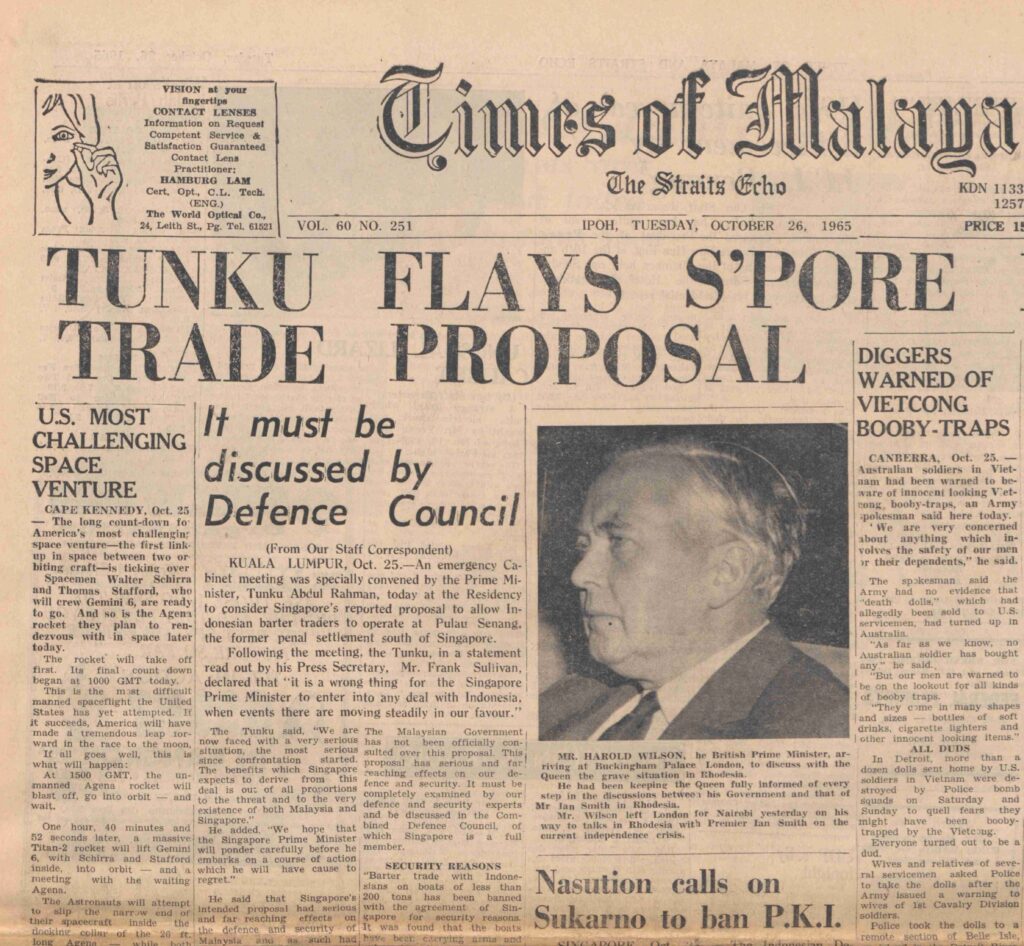 "Tunku Flays S'pore Barter Trade Proposal." Times of Malaya and Commercial Advertiser of the Federated Malay States and Straits Settlement, 26 Oct. 1965