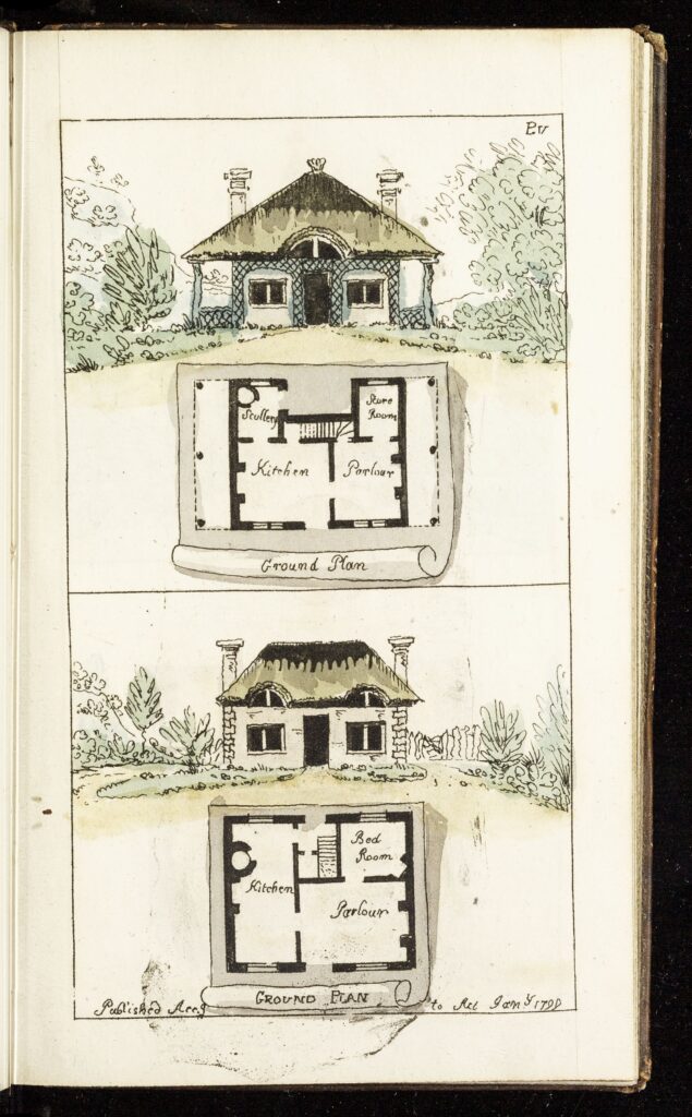 Hand drawn picture and plans of a small house.
