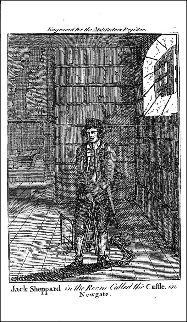 Image taken from 'The malefactor's register; or, the Newgate and Tyburn calendar' with drawing of Jack Sheppard.