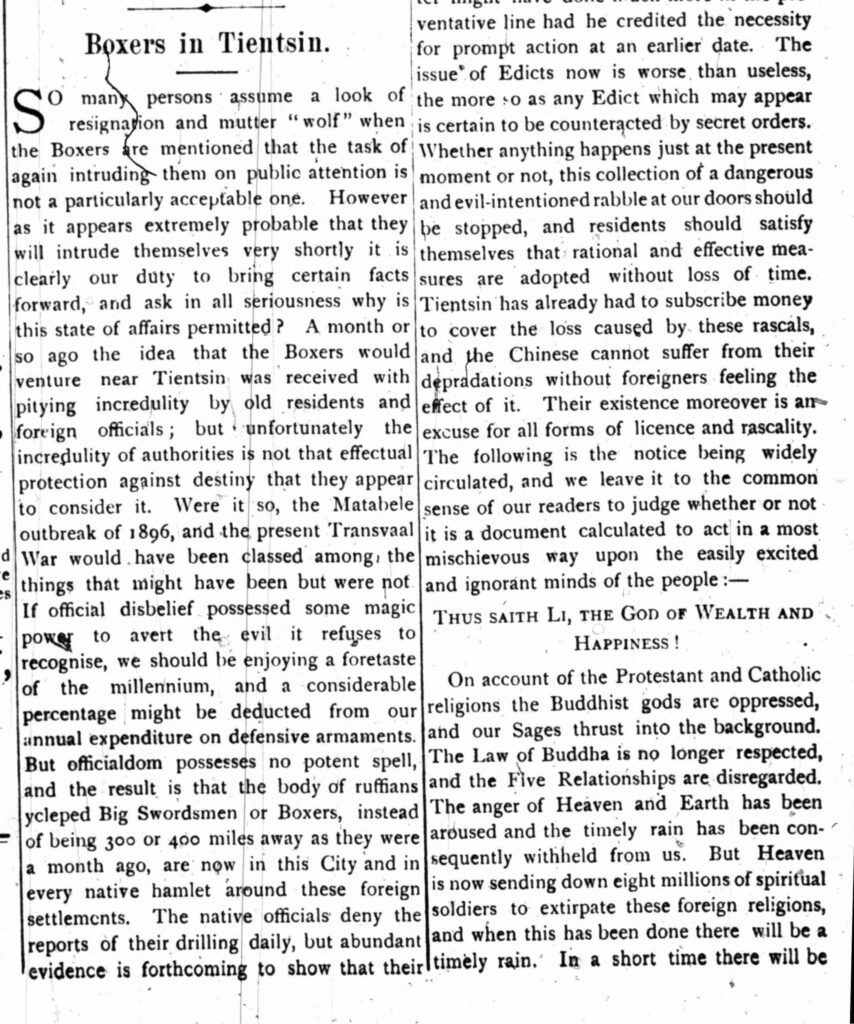 "Boxers in Tientsin." Peking and Tientsin Times, vol. 7, no. 1, 3 Mar. 1900