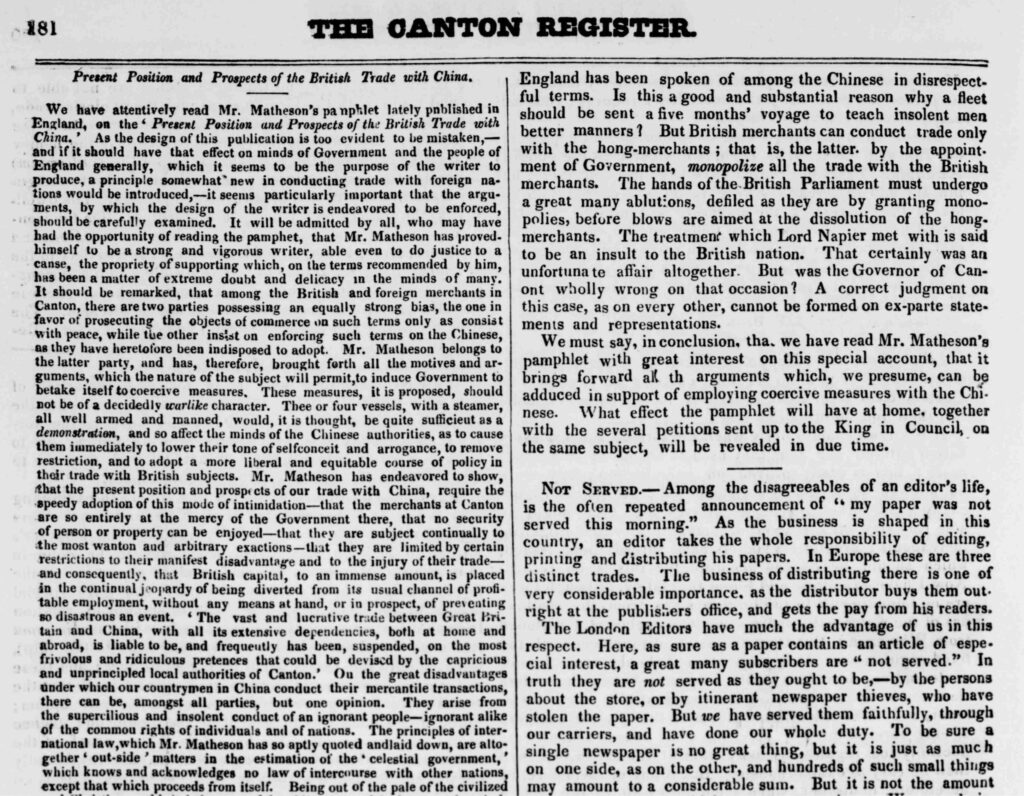 "Present Position and Prospects of the British Trade with China." Canton Register, vol. 9, no. 44, 1 Nov. 1836